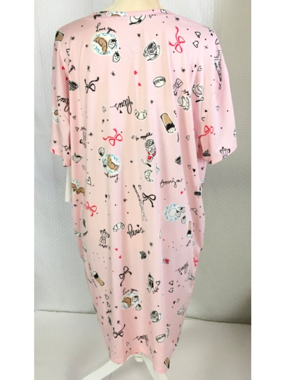 Joyspun Sleep Shirt Size L to XL Pink Paris Coffee Croissants Pockets New w Tag - Picture 3 of 13